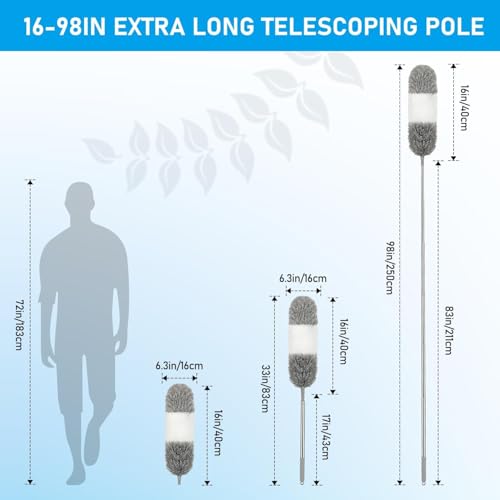 Image of Microfiber Feather Dusters for Cleaning, Duster with 100 inch Extension Pole, Cobweb Cleaner Duster Tools with 2 Microfiber Heads, Long Aluminum Telescoping Pole for Ceiling Fan Blinds Furniture Cars