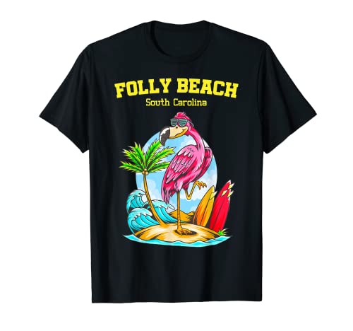 Folly Beach Flamingo Oceano Onda Surf Maglietta