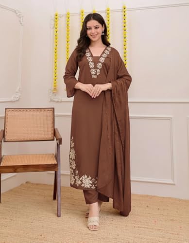 Image of ANNI Designer Pure Cotton Embroidered Kurta Set for Women | Rust Orange Kurta with Pants & Dupatta | Floral Neck & Hem Embroidery | Cotton Kurta Set for Women | 10 Colour Options Available