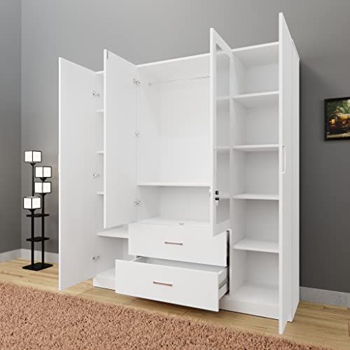 Image of VIKI Wardrobe | Wooden Almirah for Clothes,Door for Bedroom, 4 Door Wardrobe with Drawer, Mirror & Hanging Space (Frosty White - 40D x 160W x 180H) | 1 Year Warranty | Free Assembly