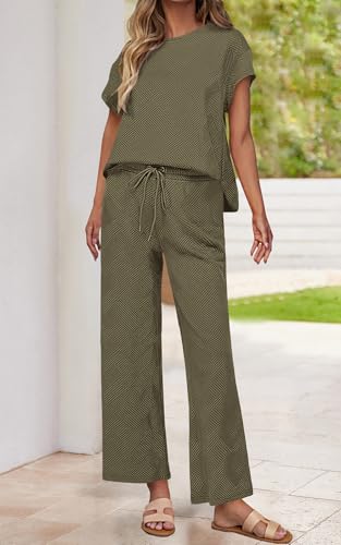 Image of PRETTYGARDEN 2 Piece Outfits For Women Casual Tracksuit Short Sleeve Tops And Wide Leg Long Pants Matching Lounge Sets