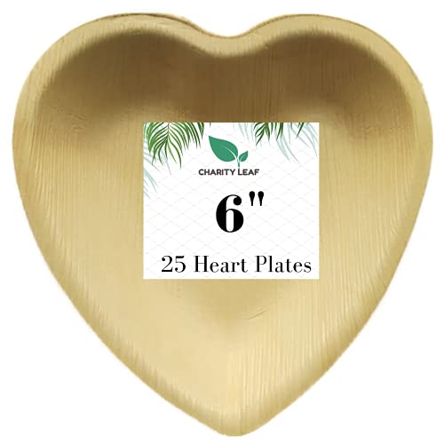 Charity Leaf Disposable Palm Leaf Like Bamboo Heart Shape Plate | All Natural and Biodegradable | Catering, Charcuterie Boards, BBQs, and Parties | 6" Inch Heart Plate (25pcs)