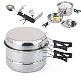 TOOSOAR 4PCS Camping-Kochtopf Set, Camping Kochgeschirr Set für 1-2 Personen, Edelstahl Geschirr Sets Topf Pfannensets, mit 6 in 1 Edelstahl Klapp Camping Besteck, für Picknick Camping Im Freien