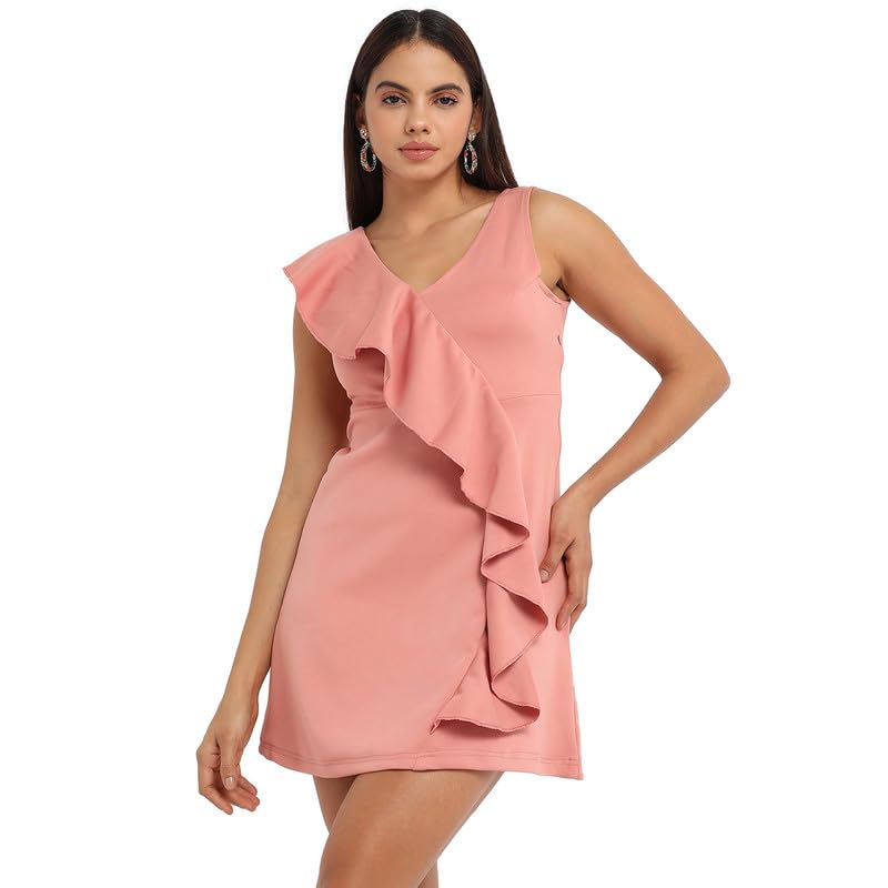 Image of Campus Sutra Women's Salmon Pink Asymmetrical Ruffle Dress for Casual Wear | V Neck | Sleeveless | Mini Length | Polyester Dress Crafted with Comfort Fit for Everyday Wear