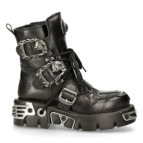 New Rock Men's 407-S1 Silver Cross Buckle Ankle BOOTS Black Leather Gothic Punk Biker Fashion Shoes2