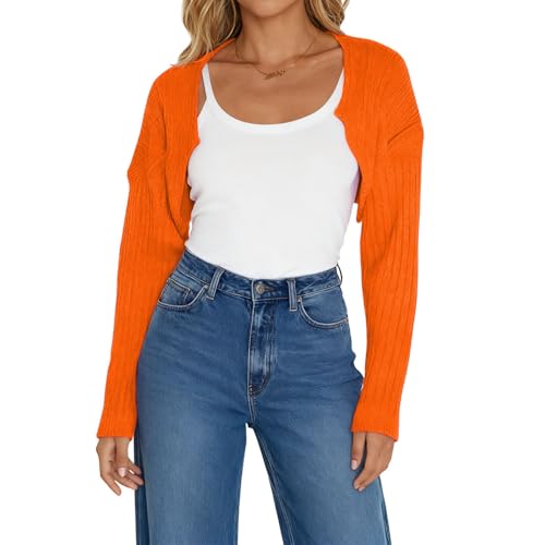Image of Women Long Sleeve Open Front Ribbed Knit Crop Cardigan Solid Loose Drop Shoulder Shrug Bolero Crop Sweater Top