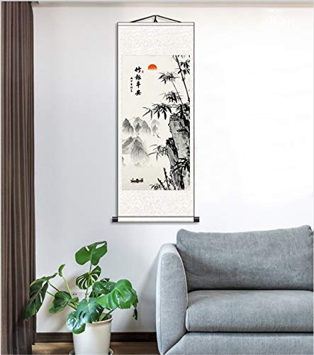 Zzooi Chinese Lucky Painting Carp Bamboo Wall Art Hanging Silk Scroll,Feng Shui Decor