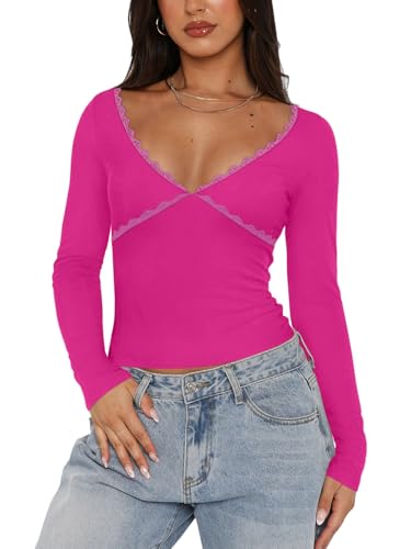 REORIA Sexy Lace Long Sleeve Shirts for Women Teens Girls V Neck Slim Fitted Y2K Trendy Fall Fashion Going Out Tops Night Out Outfit Clothing Neon Rose Red Medium