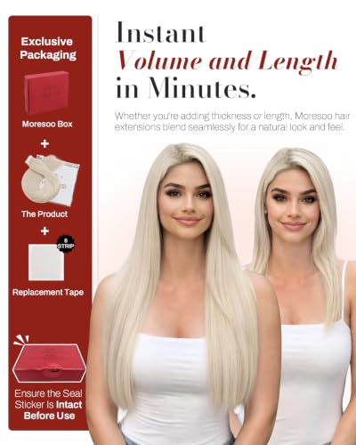 Image of Moresoo White Blonde Tape ins Extensions, 24 Inch, 20Pcs, 50g | Invisible tape ins extensions, remy straight hair, extra long length, add length, lightweight wear, party and wedding style