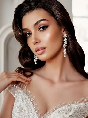 SWEETV Long Rhinestone Dangle Earrings for Women, Wedding Bridal Earrings for Brides, Crystal Chandelier Drop Earrings for Prom or Pageant2