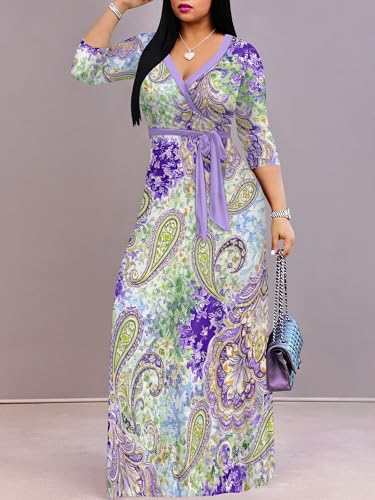 Image of PinkPatty Plus Size Maxi Dress for Women Casual V Neck 3 /4 Sleeve Boho Printed Long Dress with Pockets
