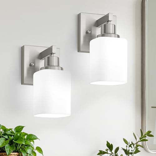 Image of Bathroom Wall Sconces Set of 2,Brushed Nickel Wall Sconce,Vanity Light with Square Frosted Glass Wall Mounted Light Fixture,Farmhouse Wall Lamp for Bedroom Living Room Mirror Hallway