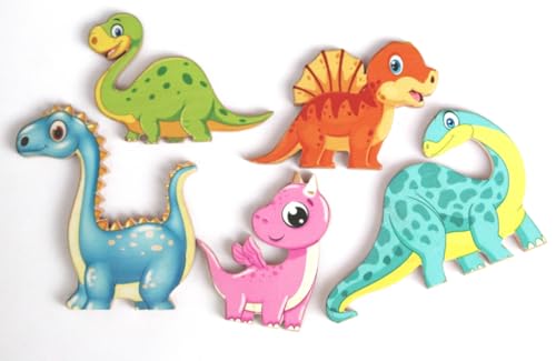 Image of Handcrafted Wooden Colourful Dinosaur Toys | Realistic Miniature Animal Figures | Educational Dino Pretend Play Animal Toys for Kids aged 2 years and over | Multicolour Figures - Set of 5