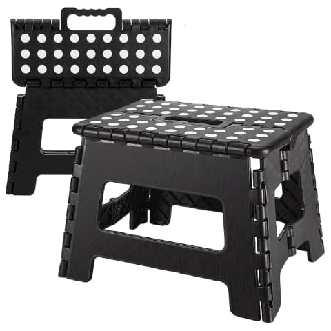 ACUNA Folding Step Stool 9 Inch, Non Slip Foldable Stool, Premium Quality Folding Stool Safe For Kids Adult, Portable Collapsible Stool With Carry Handle For Campervan, Kitchen, Bathroom (Black) Cover
