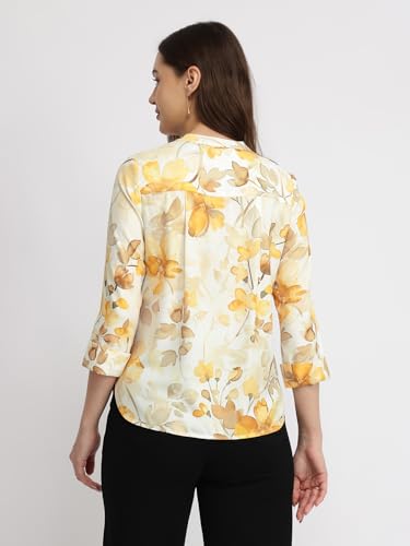 Image of FableStreet Women Shirt Work & Casual | Relaxed Fit Mandarin V-Neck Three-Quarter Sleeves Solid Pattern | Breathable Woven Fabric for Office & Everyday Wear