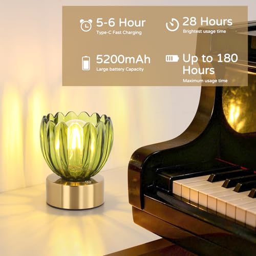 Image of Shenmoyl Cordless Small Table Lamp with 5200mAh Battery & Touch Control, Battery Operated Tulip Table Lamp with 3 Colors, Rechargeable Mini Table Lamps for Bedsides, Bedroom, Nightstand (Green)