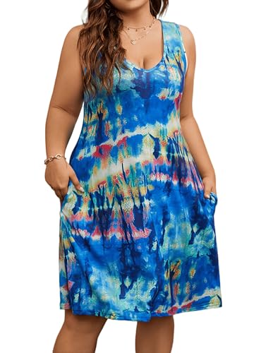 Image of Women Plus Size V Neck Sleeveless Floral Print Pocket T Shirt Dresses Casual Midi Tank Dress Beach Cover up Sundress (XL-5X)