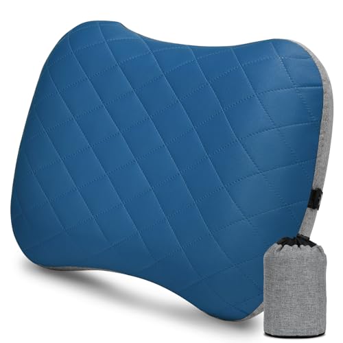 YISSVIC Cuscino Gonfiabile Campeggio con Federa Rimovibile, Cuscino da Viaggio Gonfiabile Ultraleggero Pieghevole per Campeggio/Trekking/Viaggio/Spiaggia/Volo Aereo, Blu