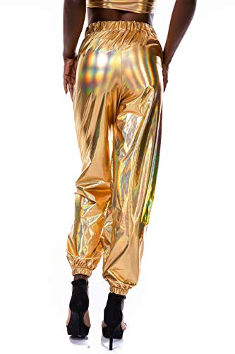SIAEAMRG Calça jogger feminina, metálica, brilhante, cintura alta, elástica, estilo hip hop, roupa h