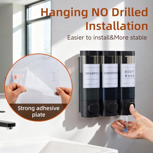 Shampoo and Conditioner Dispenser,Shower Soap Dispenser 3 Chamber No Drill Wall-Mounted Shampoo Dispenser for Shower Wall Mounted Shower Dispenser for Bathroom Hotel Large Capacity,Black - Image 4