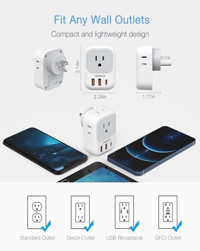 20W PD Multi Plug Adapter, TESSAN 3 USB Wall Charger Multiports (1 USB C Fast Charger), Cube Charging Station for Cruise, Home, Office, Dorm Essentials - Thumbnail 7