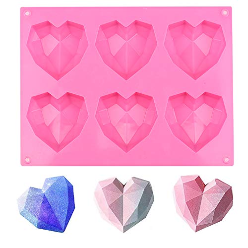 KAMIIN Diamond Silicone Heart Mold 6 Hole Silicone Baking Mould for Mousse Cake Heart Silicone Mold for Valentines Day Chocolate BombCup CakeMuffinJellyPudding Craft DIY Cake Baking Pink