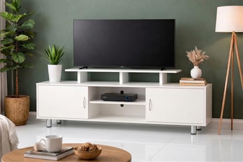 Image of Alpine Willow 6 feet TV Stand Wooden (DIY Assembly) | TV Stand Table for 32-75 Inch TVs | TV Unit for Living Room | TV Entertainment Unit | TV Cabinet with Storage -180x40x65 cm (Frosty White)