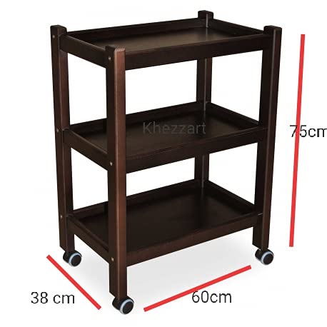Image of 3-Tier Solid Wood Rolling Bar Cart - Wine Serving Cart with Wheels, Kitchen Storage & Seasoning Rack (Brown Polish, Style 12)