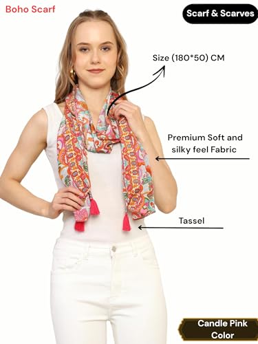 Image of KE KANHA EXPORT Women Scarf|Stole For Women|Scarf For Women Stylish|Stall For Women|Border Print Face Cover Head Wrap|Boho|Beach|Multicolor|180x50cm|Pack Of 1|FREE Scrunchie Included