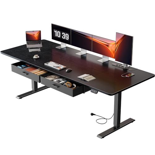 HLONONE Höhenverstellbarer Schreibtisch 200 x 80 cm mit Schubladen, Schreibtisch Höhenverstellbar Elektrisch mit Steckdosen und USB-Buchse, Stabiler Standing Desk mit Memory Funktion, Schwarz