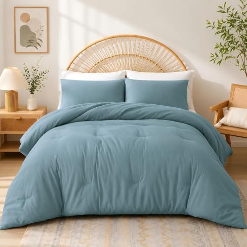 weigelia Dusty Blue Comforter Set Queen, All Season Lightweight Bedding Set