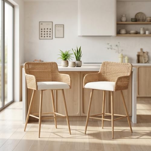 Butacos de altura para barra, set de 4, modernos con tapizado en bouclé y patas de metal, para isla de cocina o comedor, color beige blanco miniatura 3