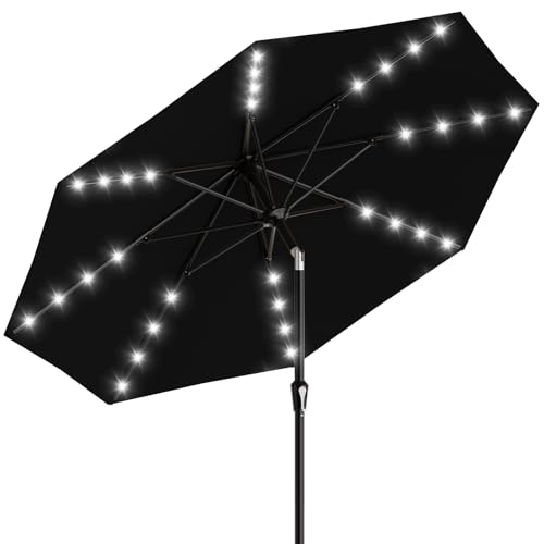 Image of AreShark 9FT Patio Umbrella with Solar Lights, 32 Lighted Pool Umbrella w /Tilt and Crank, Outdoor Market Solar Umbrellas for Garden, Deck, Backyard, Pool and Beach, Black