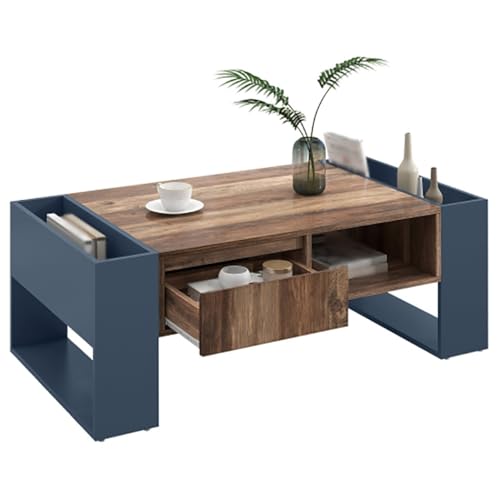 SPAHTT Mesa de Centro de Madera con Cajón sin Tirador y Armarios a Ambos Lados ， Mueble de Almacenamiento con Estantería Trasera de Doble Cara para Salón