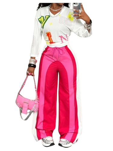 Women's Color Block Baggy Sweatpants Wide Leg Drawstring Waist Track Pants Long Trousers