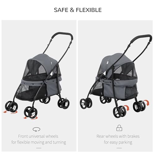 PawHut Faltbarer Hunde-Kinderwagen mit verstellbarem Verdeck, Tasche und 2 Leinen, Oxford-Gewebe und Stahl-Kinderwagen, 82x47x97 cm, Grau und Schwarz