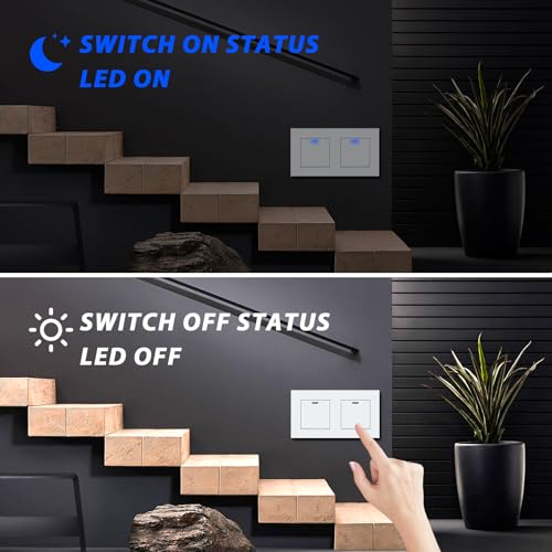 BSEED Lichtschalter Unterputz mit Steckklemme, Lichtschalter Glas 1 Fach 2 Weg+1 Fach 2 Weg, Taster Schalter Unterputz mit LED Kontrollleuchte, Wandschalter für Wohnzimmer, Büro, Küche-Weiß