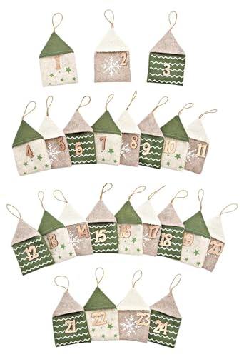 SUPwave® Calendario de Adviento para rellenar, verde, blanco y marrón – Calendario de Adviento casa de tela, 24 bolsas (ancho/alto/profundidad), 10 x 16 x 1 cm, verde/beige (B/H/T) 200 x 15 x 1 cm