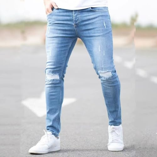 Jeans Pants Trouser Denim Ripped Elastic Washed Blue Street Trendy Small Leg Tight for Men2