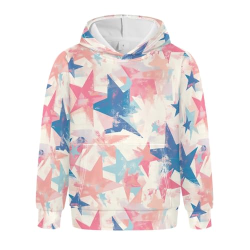 Patriotic Star Pattern Unisex Kids Sweatshirts Crewneck Active Hoodie with Kangaroo Pocket