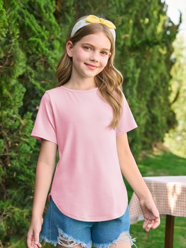 Image of Haloumoning Girls Short Sleeve T Shirts Summer Crewneck Shirt 5-14 Years | Casual, Solid, Loose Fit, Basic tees, Curve Hem, Soft Tunic Tops