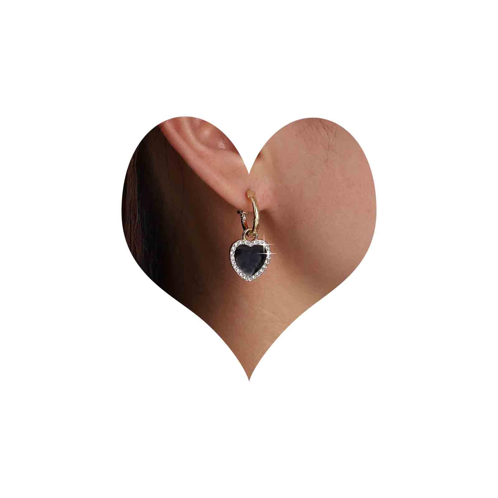 InateannalVintage Cristal Pendientes Gota Corazon Negro Corazon Onix Pendientes Negro Corazon Aro Huggie Pendientes Oro Cz Amor Corazon Joyas Para Mujeres Y Niñas