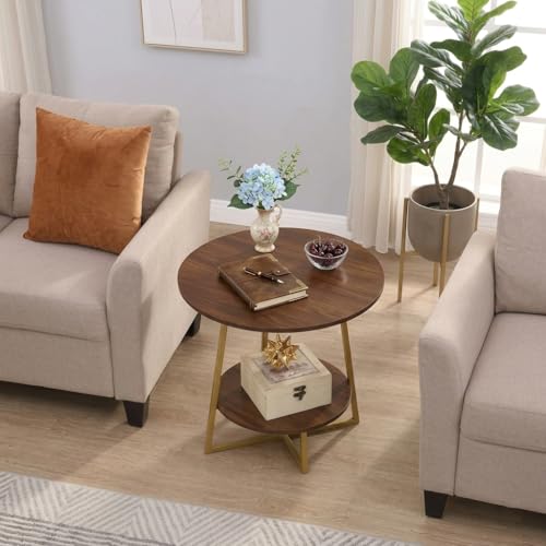 Image of Al Hama Rustic Farmhouse End Table Modern 2 Tier Sofa Side Bedside Table, Metal Frame Nightstand, Multipurpose Living Room Bedroom Coffee Table Golden Brown
