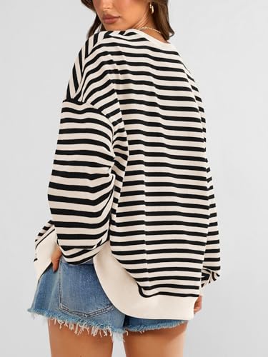 Image of PRETTYGARDEN Womens Striped Oversized Sweatshirt Color Block Crew Neck Long Sleeve Casual Loose Pullover Top Y2K Clothes