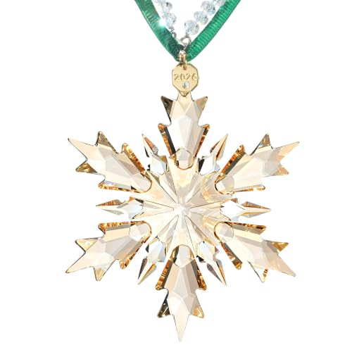 2026 Annual Christmas Ornaments Crystal Snowflake Star Gold Metal Accents | Rayon Ribbon-New Year Christmas Tree Ornament Large Crystals Home Hanging Decor