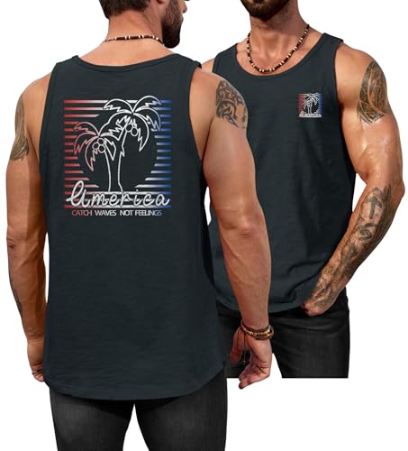 Image of VOGSTART Mens Graphic Muscle Tank Top Beach Slub Cotton Sleeveless Shirts | Design, Print, Casual, Summer, Vacation, Holiday, Surf, Hawaiian, Workout, Vintage, Tropical