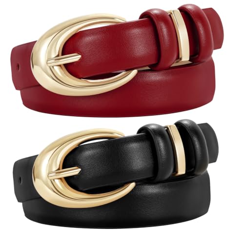 Image of TRIWORKS 2 Pack Women Leather Belt for Jeans Pants Fashion Ladies Faux Leather Belt with Gold Buckle
