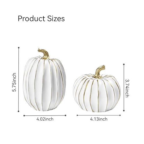 Fall Pumpkin Decor, 2 PCS Resin Thanksgiving Fake Pumpkin Figurines, White and Gold Pumpkins for Decorating, Fall Decorations for Home, Farmhouse, Harvest Table Centerpiece