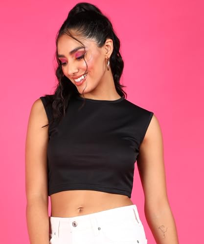 Image of POPWINGS Casual Self-Design Round-Neck Sleeveless Crop Top for Women || Summer Wear Crop Tops for Women || Stylish Western Regular Wear Women Crop Tops