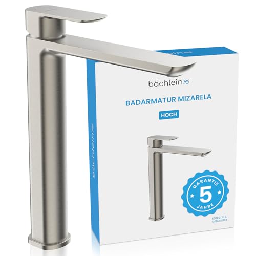 Bächlein Badarmatur Mizarela hoch in klassischem Design, Einhebelmischer für Aufsatzwaschbecken mit langlebiger Keramikkartusche und Montage-Set, Bad Wasserhahn Edelstahl gebürstet - flacher Auslauf